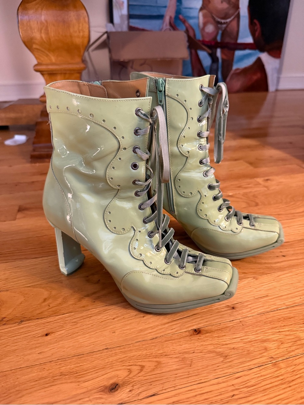 John Fluevog turquoise patent leather heeled booties